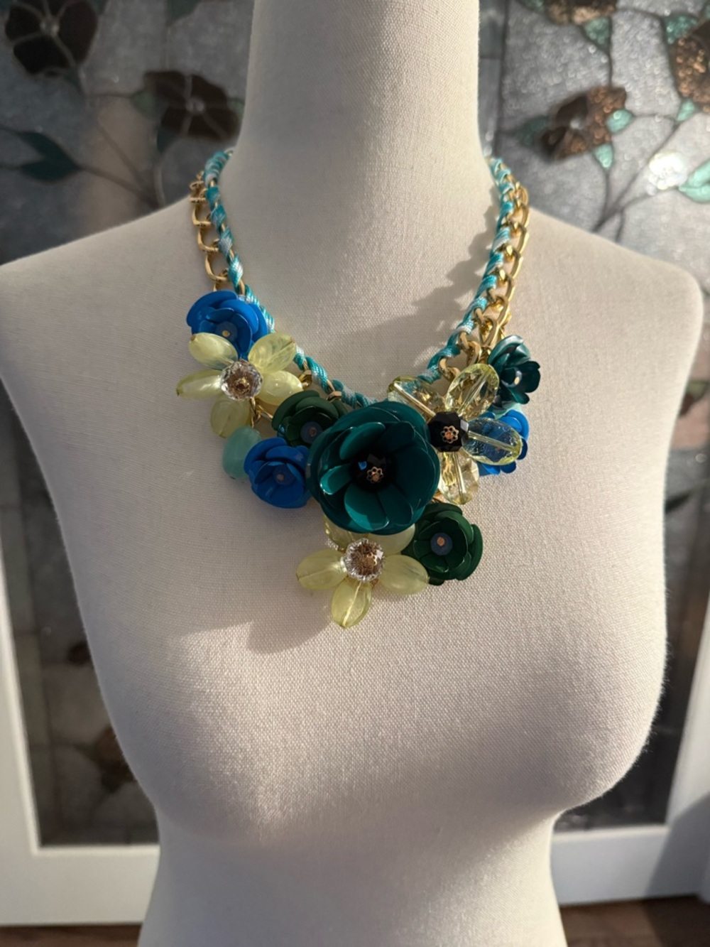 Statement Floral Cluster Necklace - Blue, Teal & Yellow